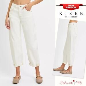 RISEN High Rise Waist Zipper Fly Stretch Cropped Barrel Leg Denim Jeans | Cream